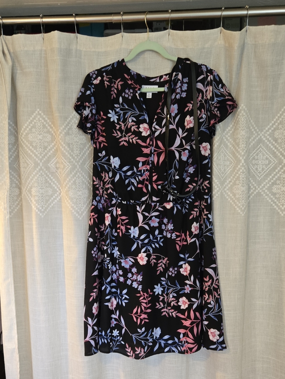 Floral Wrap-Style Black Dress with Pink & Lavender Bloom